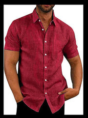 Men Summer Lapel Solid Color Short-Sleeved Button Shirt