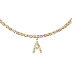 Collar de cadena de tenis de gargantilla inicial chapada en oro de 14k