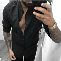 Men's Long-Sleeved Shirts Summer Solid Color Stand-Up Collar Casual