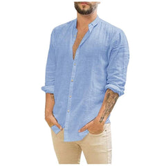 Men's Long-Sleeved Shirts Summer Solid Color Stand-Up Collar Casual