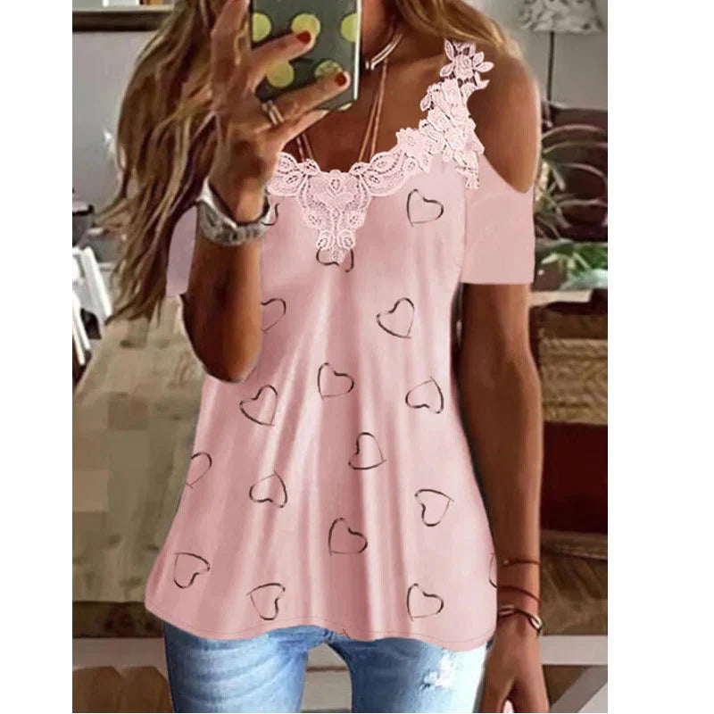 Women's V-neck Lace Floral Off-Shoulder Short-Sleeved Top