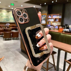 Corée 3d Crystal Square Holder Gold Placing Phone Case pour iPhone 14 12 Pro Max Mini 11 13 Pro XS XR 6 S 7 8 Plus SE COUVERTURE