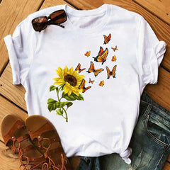 Maycaur Nuovo girasole con maglietta Dragonfly Women Harajuku T-shirt neri da cartone animato da cartone animato con tees vestiti