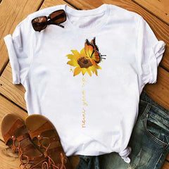 Maycaur Nuovo girasole con maglietta Dragonfly Women Harajuku T-shirt neri da cartone animato da cartone animato con tees vestiti