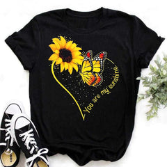 Maycaur Nuovo girasole con maglietta Dragonfly Women Harajuku T-shirt neri da cartone animato da cartone animato con tees vestiti