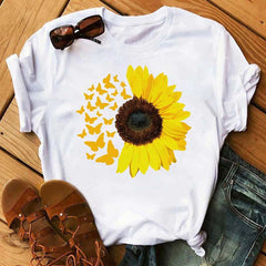 Maycaur Nuovo girasole con maglietta Dragonfly Women Harajuku T-shirt neri da cartone animato da cartone animato con tees vestiti