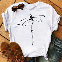 Maycaur Nuovo girasole con maglietta Dragonfly Women Harajuku T-shirt neri da cartone animato da cartone animato con tees vestiti