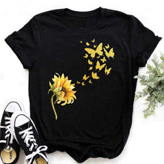 Maycaur Nuovo girasole con maglietta Dragonfly Women Harajuku T-shirt neri da cartone animato da cartone animato con tees vestiti