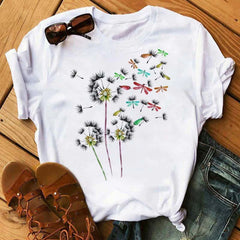 Maycaur Nuovo girasole con maglietta Dragonfly Women Harajuku T-shirt neri da cartone animato da cartone animato con tees vestiti