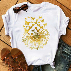 Maycaur Nuovo girasole con maglietta Dragonfly Women Harajuku T-shirt neri da cartone animato da cartone animato con tees vestiti