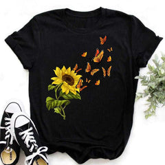 Maycaur Nuovo girasole con maglietta Dragonfly Women Harajuku T-shirt neri da cartone animato da cartone animato con tees vestiti