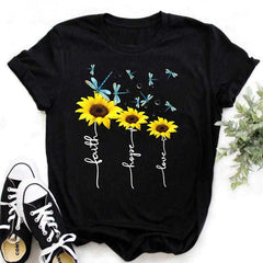 Maycaur Nuovo girasole con maglietta Dragonfly Women Harajuku T-shirt neri da cartone animato da cartone animato con tees vestiti