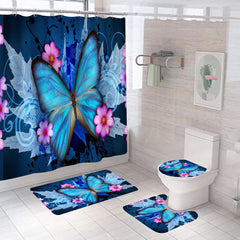 Blumenschmetterling Duschvorhang Set mit Rutschteppich, Toilettendeckel und Badematte, farbenfrohe Blumenduschvorhang mit Schmetterlingen