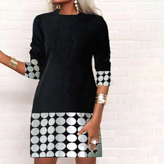 Women's Patchwork Round Neck Slim Long Sleeve Printed Mini Dress