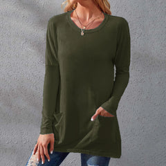 Women's Solid-color Crew Neck Long Sleeve Pocket T-shirt