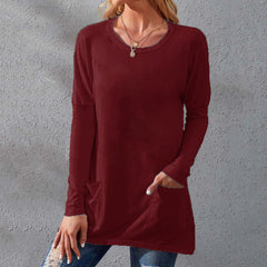 Women's Solid-color Crew Neck Long Sleeve Pocket T-shirt