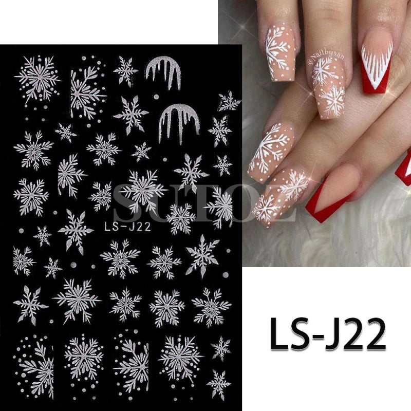 Nail Stickers - White Glitter Snowflake Heart Ribbon Christmas Winter Nail Decals