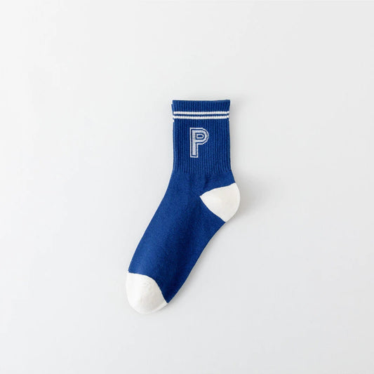 Navy Blue Socks Women's Mid-Tube Striped Trendy Socks Letter Casual Cotton Socks Men and Women Couple Socks