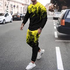 3d Digital Printing Round-neck Hoodies Trousers Trendy Sports Wind Smoke Flame Series