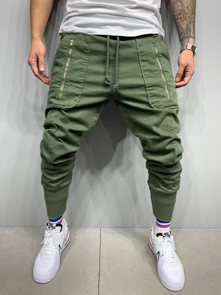 Men's Casual Sports Pants Classic 3D Zipper Patch Pocket Drawstring Elastic Cuff Pants Trendy Men