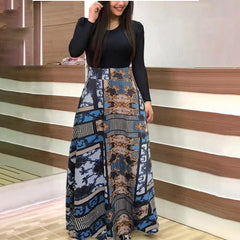 Kobiety maxi sukienka jesienna swobodna kwiatowa druk o szyja Patchwork Patchwork Tunik impreza elegancka boho sukienki szlafropowe panie plus size