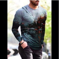 Langarmhemden für Männer, T-Shirt für Herren Mode Graffiti gedruckte Langarm-Crewneck-Shirts lose Plus-Size-T-Shirt Tops