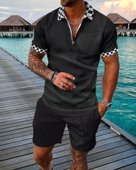 Men's Independent Station Casual Color-blocked Polo Zipper Lapel Short-sleeve Set