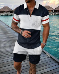 Men's Independent Station Casual Color-blocked Polo Zipper Lapel Short-sleeve Set