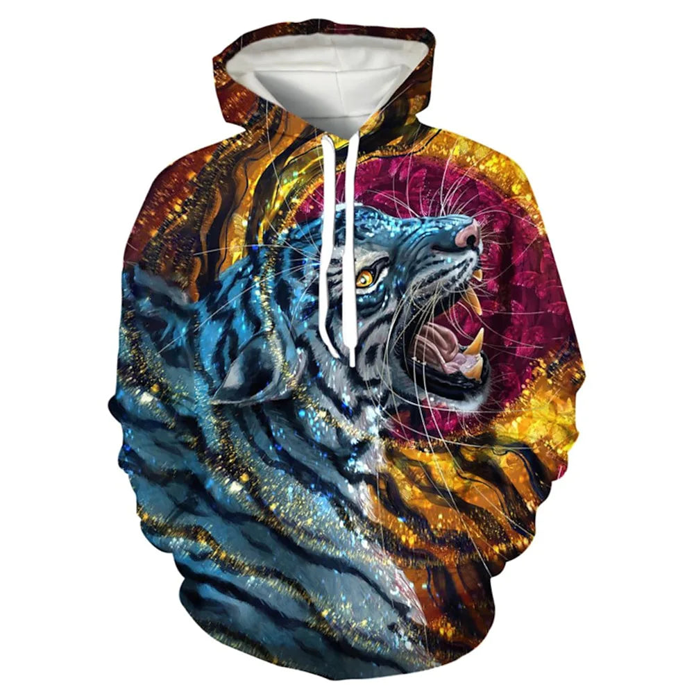 M.O.I Men's Spring and Autumn New Tiger 3D Digital Printing Sweater Personalizado Pule con suéter con cordón