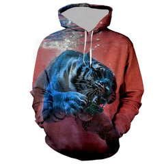 M.O.I Men's Spring and Autumn New Tiger 3D Digital Printing Personalized Sweater Pullover with Drawstring Sweater