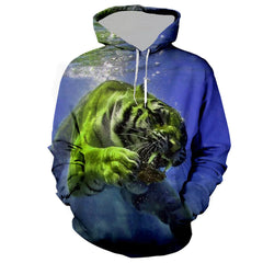 M.O.I Men's Spring and Autumn New Tiger 3D Digital Printing Personalized Sweater Pullover with Drawstring Sweater