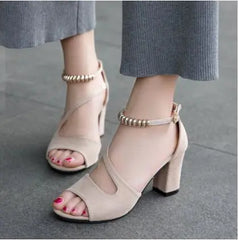 Summer Roman Thick Heel Sandals Women's Casual High Heels Beaded Fish Mouth Women's Sandals