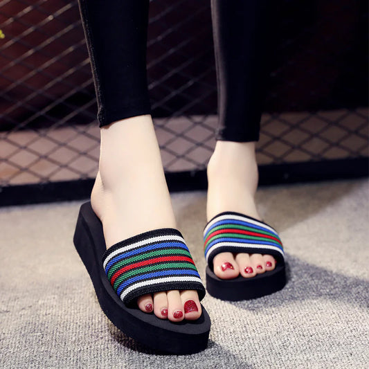 Candy Color Striped Mid Heel Slope Slippers