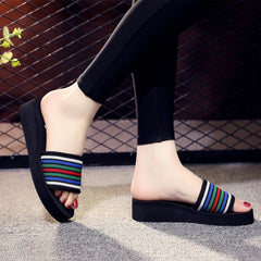 Candy Color Striped Mid Heel Slope Slippers