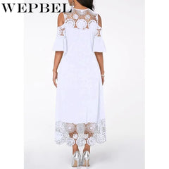 WEPBEL Women Dress Summer Plus Size Lace Floral Flower Dress Cold Shoulder Irregular Party Ladies Long Maxi Dress