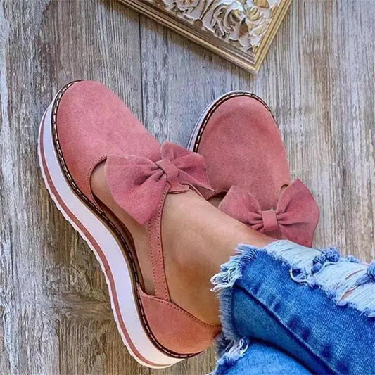 Sandalias de tacón plano de la plataforma de rebaño con nudo de mariposa hueca, zapatos de mujer de moda sólida de moda casual Zapatos de Mujer