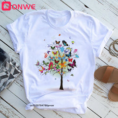 Femme Butterfly Tree Print HARAJUKU Shirts d'été décontractés Cound Cou Short Top Tee-Shirt.