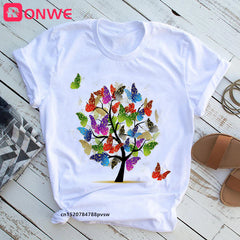 Femme Butterfly Tree Print HARAJUKU Shirts d'été décontractés Cound Cou Short Top Tee-Shirt.