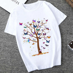 Femme Butterfly Tree Print HARAJUKU Shirts d'été décontractés Cound Cou Short Top Tee-Shirt.