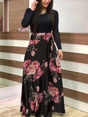 Kobiety maxi sukienka jesienna swobodna kwiatowa druk o szyja Patchwork Patchwork Tunik impreza elegancka boho sukienki szlafropowe panie plus size