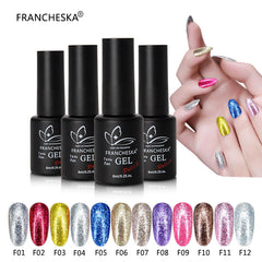 NOUVEAU 1 PCS FRANCHESKA 8ML Nail Platine Gel UV paillettes à paillettes Gel 12 Colors Pro UV Gel Polon à ongles Résine Gel Polon TSLM1