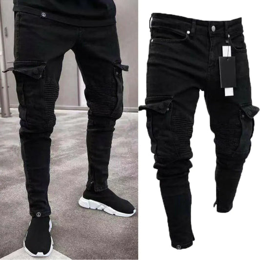 Men's Biker Ripped Long Denim Trousers Skinny Jeans Pants Destroyed Stretchy-Black Pants