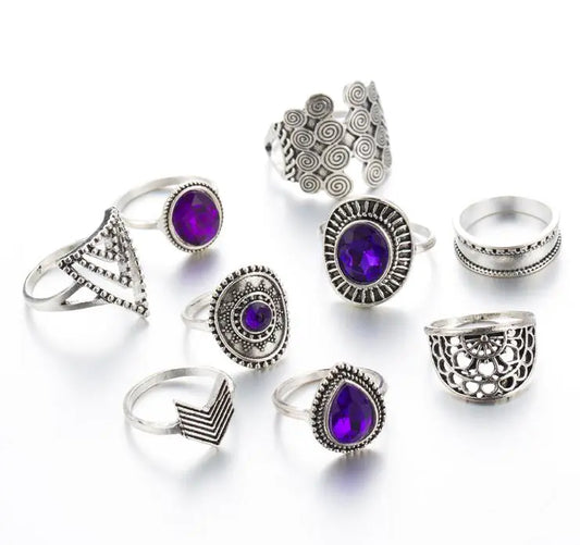 ToCona 9pcs/Sets Purple Rhinestone Vintage Srebrne pierścienie dla kobiet Kwiaty Geometria Czech Biżuter