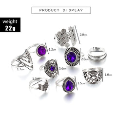 ToCona 9pcs/Sets Purple Rhinestone Vintage Srebrne pierścienie dla kobiet Kwiaty Geometria Czech Biżuter