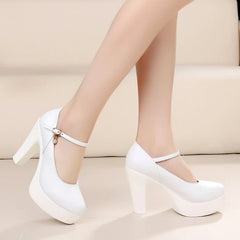 Genuine leather Round Shallow mouth centimeter High heels High-heeled shoes Rough waterproof PlatformHeight female