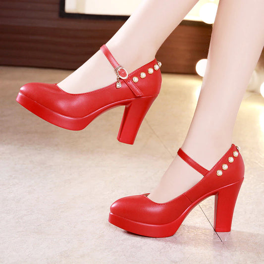 Pearl Platform Pumps Women Shoes Leather Block Heels Autumn High Heel Shoes Ladies Red White Silver Wedding Shoe