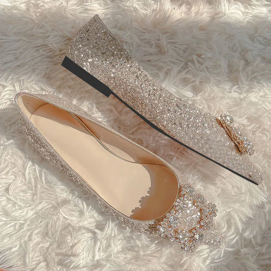 Rigiane perle pointu pointue chaussures plates de femme haut talon bas de bouche peu profonde paillettes de cristal single chaussures