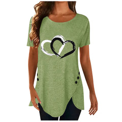 Spring Peach Heart Printed Round Neck Pullover Irregular Hem Short Sleeve T-Shirt in Multiple Colors and Sizes