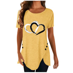 Spring Peach Heart Printed Round Neck Pullover Irregular Hem Short Sleeve T-Shirt in Multiple Colors and Sizes