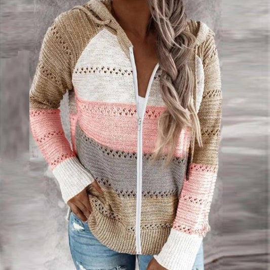 Autumn Leisure time Mosaic Hooded long-sleeved knitting sweater Set head Pullovers